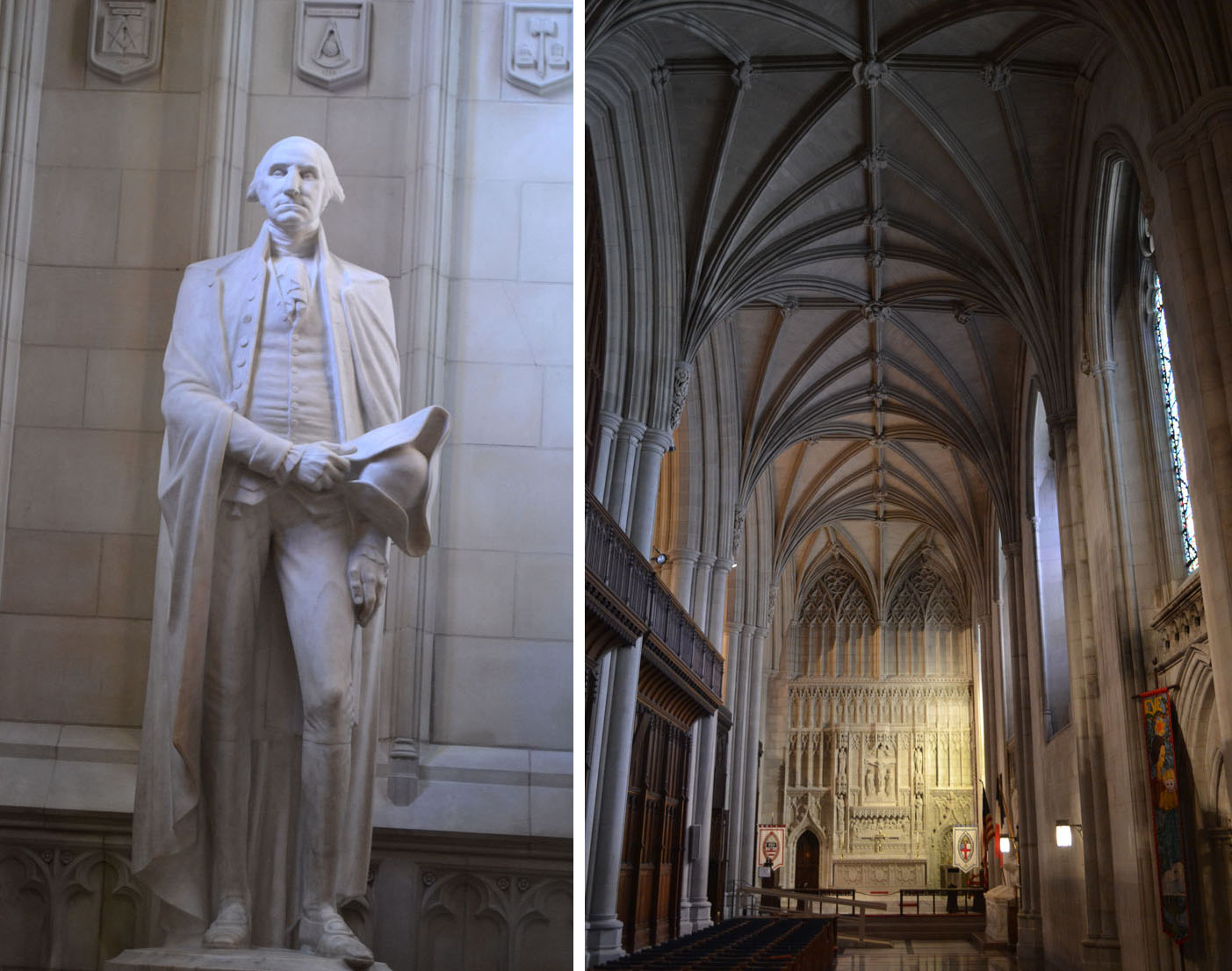(LEFT) Marble statue of George Washington by Lee Lawrie at Washington National Cathedral, Washington, D.C.