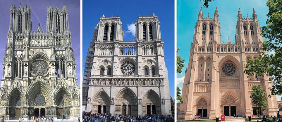(L to R) Notre-Dame de Reims Cathedral (1211-1275) Reims, France Notre-Dame de Paris Cathedral (1163-1345) Paris, France Washington National Cathedral (The Cathedral Church of Saint Peter and Saint Paul) (1907-1990) Washington DC USA