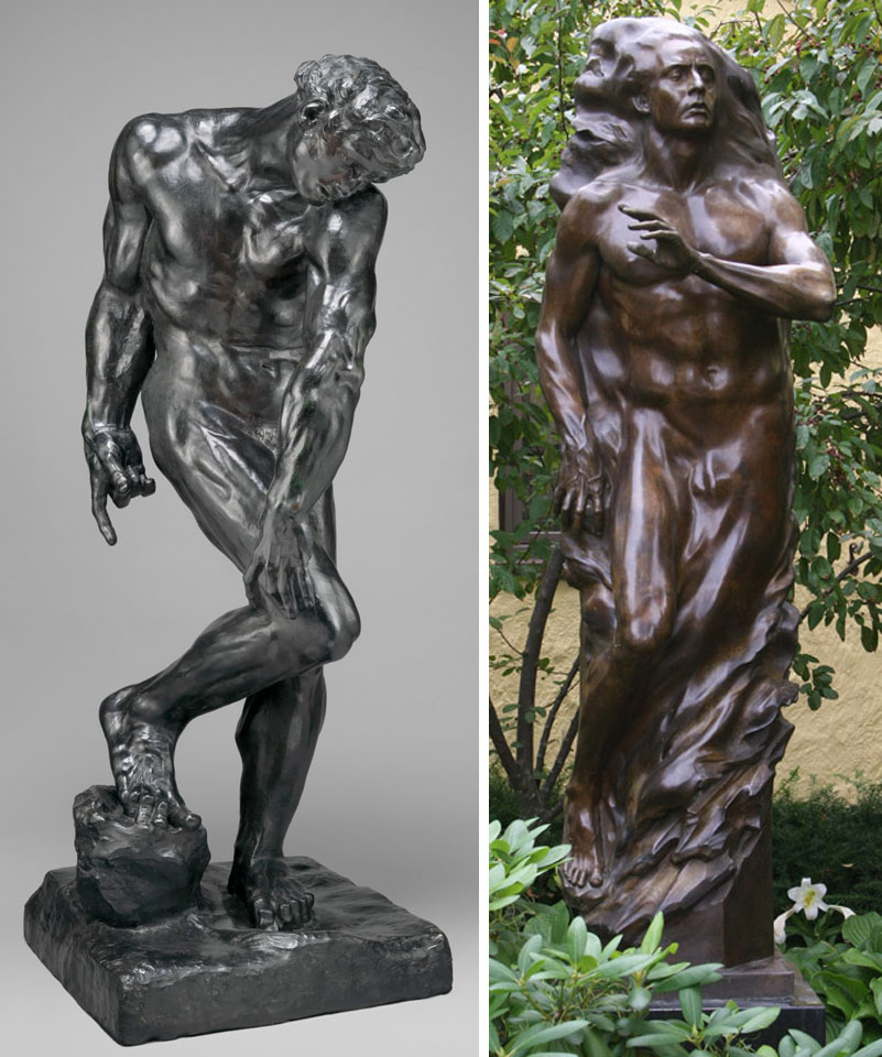 (LEFT) August Rodin (French, 1840-1917) “Adam” (1880-1881), shown in bronze. Portion of composition “La Porte de l'Enfer (The Gates of Hell)”. (LEFT) Frederick E. Hart (American, 1943-1999) “Adam” (1974, cast 2006), shown in bronze. Portion of composition “Ex Nihilo” for Washington National Cathedral