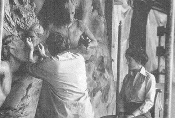 Hart sculpting the full-scale modele with his model Lindy Lain, later Mrs. Frederick Hart posing as the face of Eve