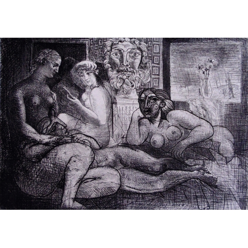Pablo PICASSO- 4 Nude Women and a sculpted head etching