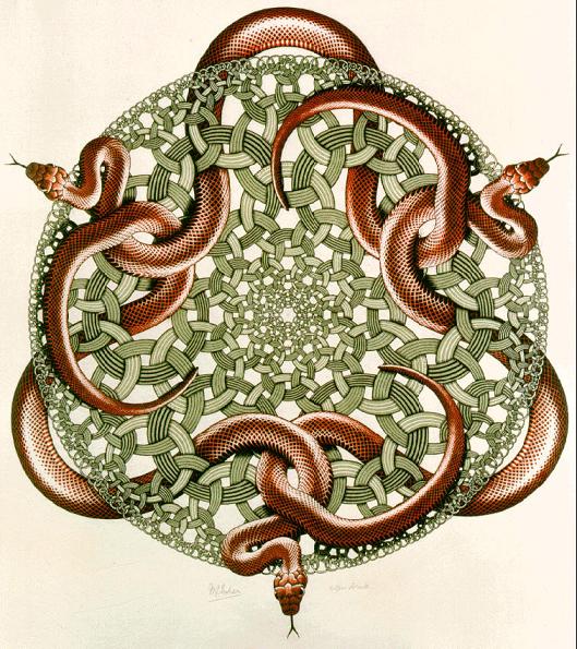 Snakes M.C. Escher woodcut 