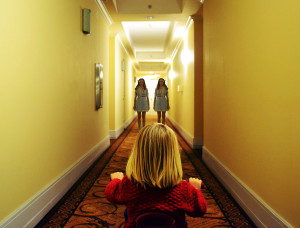 The Shining Costume Ideas- Danny Torrance Big Wheel in Hallway with Grady Twins
