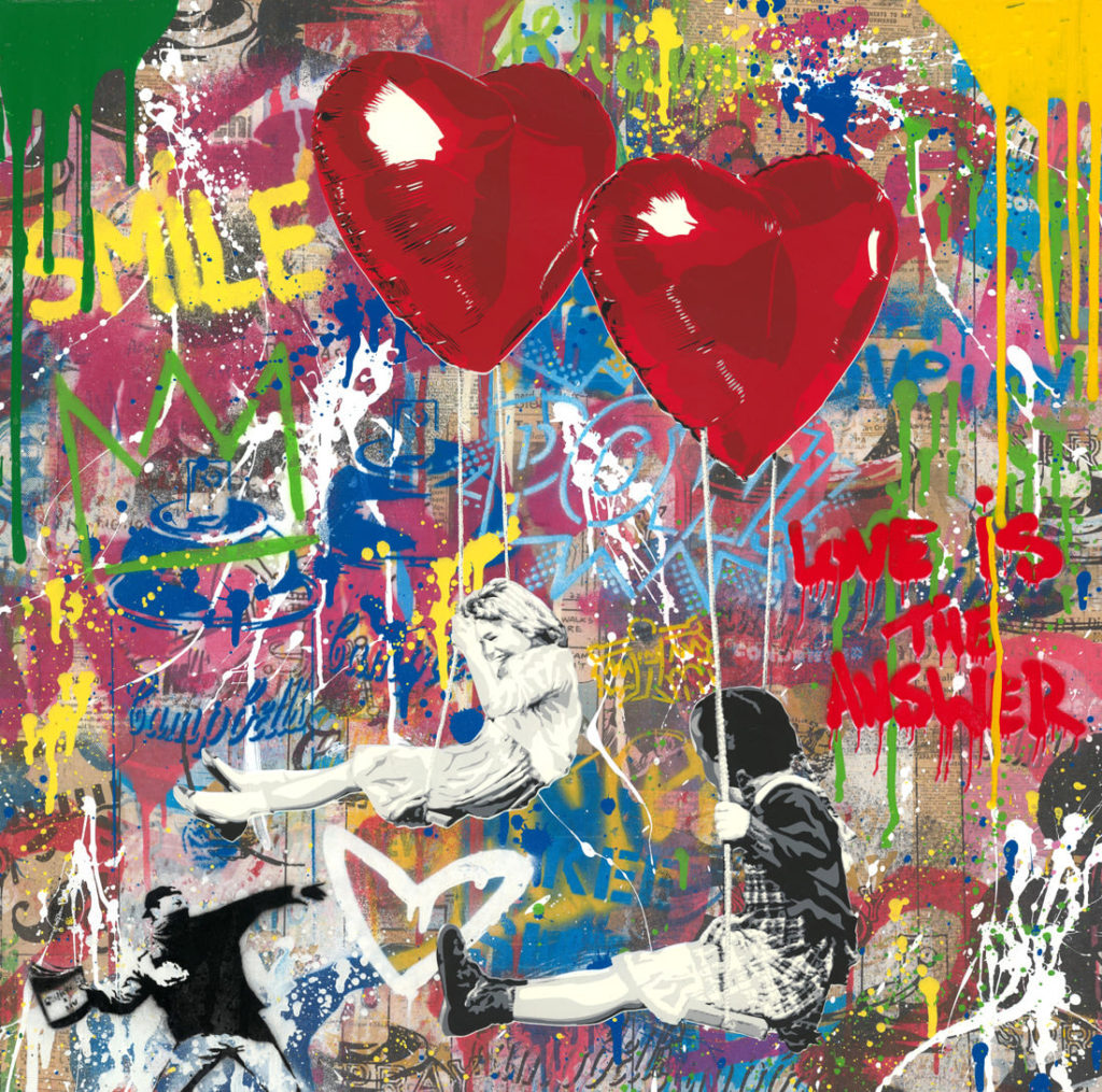 Mr. Brainwash's nostalgic nod to female friendship, "Besties: Love is in the Air" mixed media painting.
