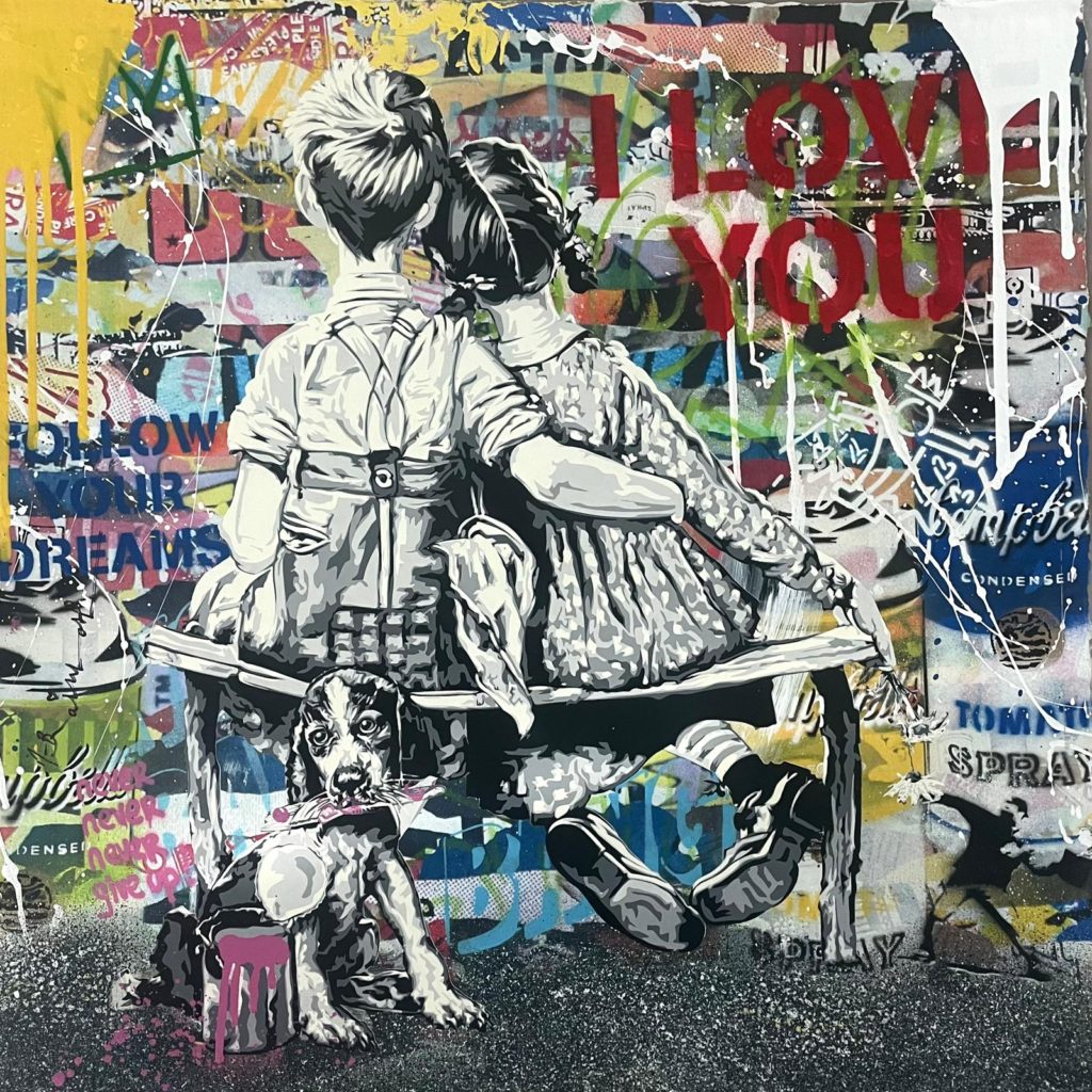 Mr Brainwash's nostalgic nod to youth and love, "With All My Love" mixed media painting