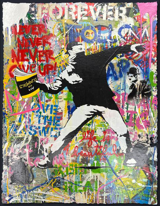 Mr Brainwash mixed media painting "Banksy Thrower" on paper