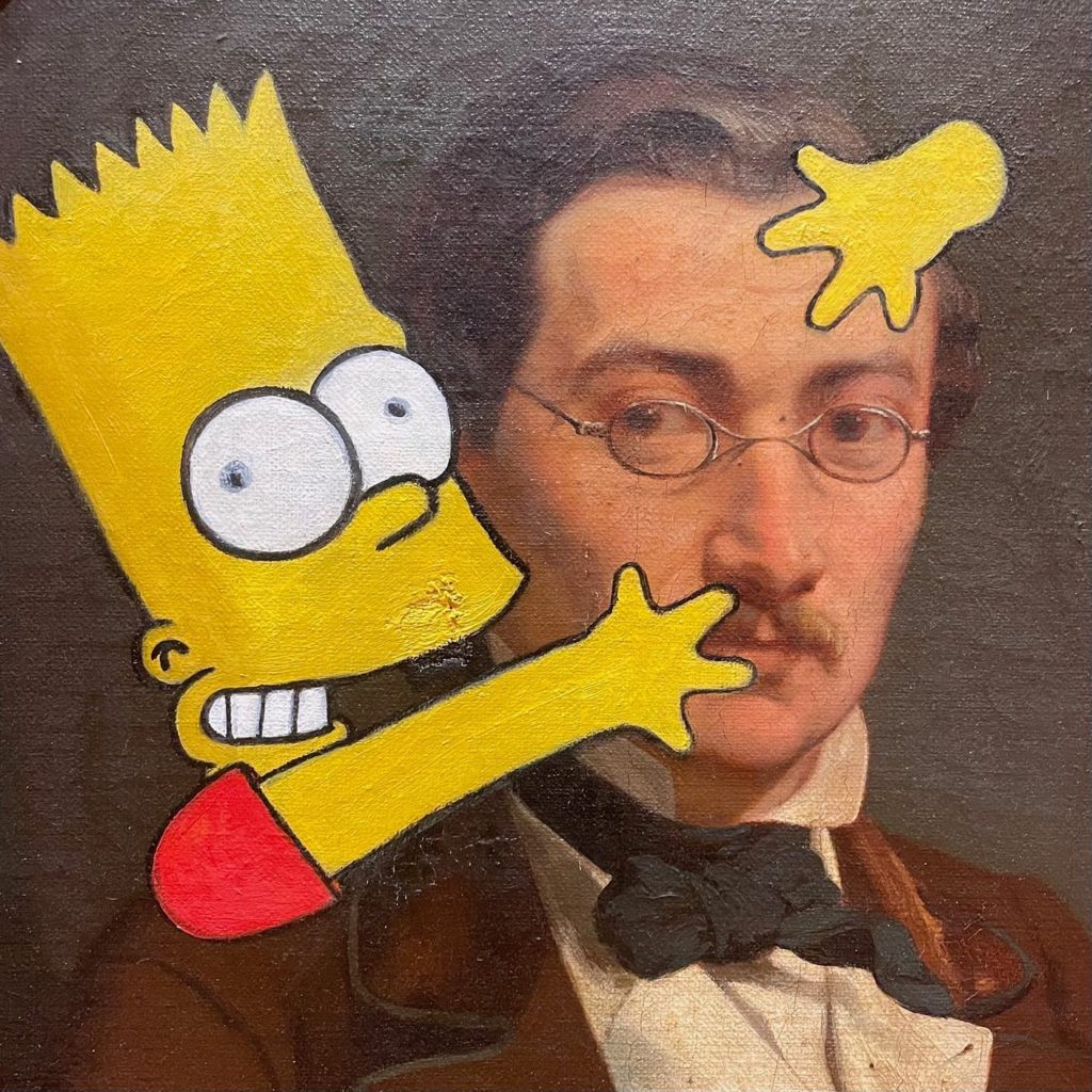 Bart Simpson mugs a classical figure
