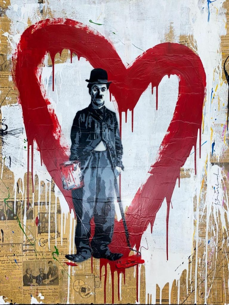 Mr Brainwash's "Charlie Chaplin" with red heart mixed media painting on paper now available from RRFA
