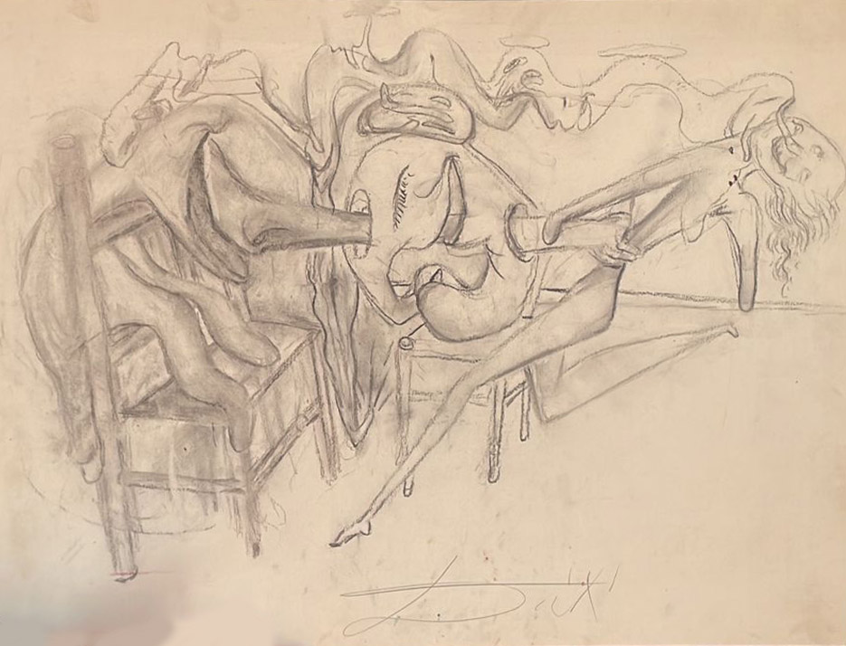 Salvador Dali's Monstruos Blando (Soft Monsters) original drawing. A frenetic dance of stream-of-consciousness semi-humanoid forms pulsate across this joyous drawing, certified by Nicolas Descharnes.