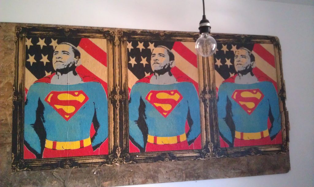 Mr. Brainwash's "OBAMA Superman" wheatpaste posters. 