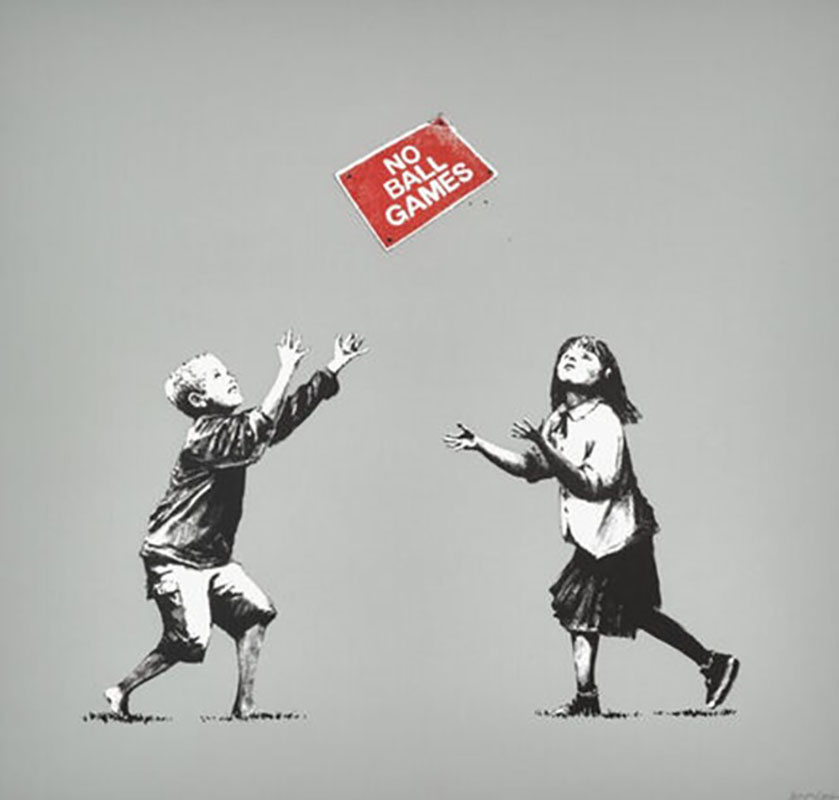 Banksy's iconic printwork No Ball Games (gray) available from RRFA