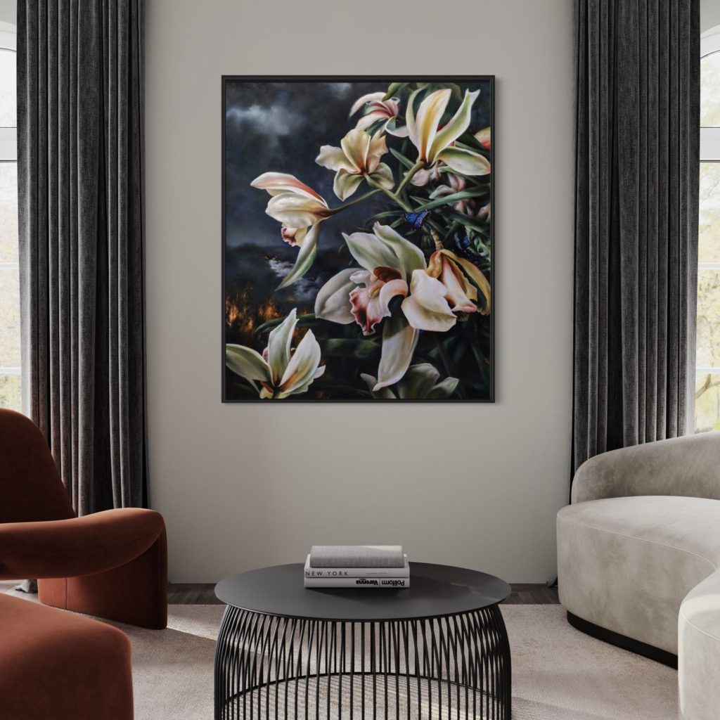 Keith Miller's Floral oil painting "Cymbidium Blossoms" (2023) available from RRFA