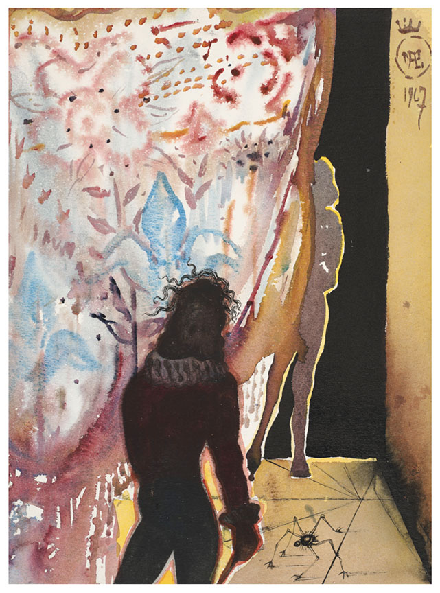 Salvador DALI original painting of Hamlet finding Polonius behind curtain. Available from RRFA