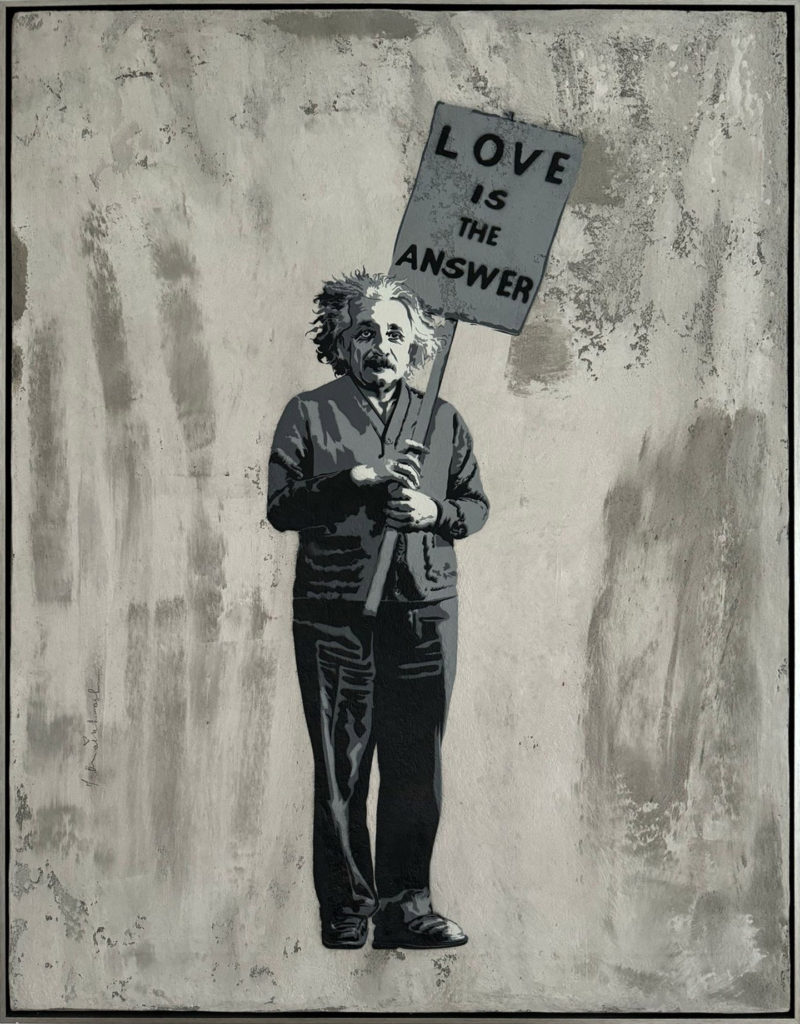 Mr Brainwash "Einstein: Love is the Answer" mixed media and stencil painting on cement now available from RRFA