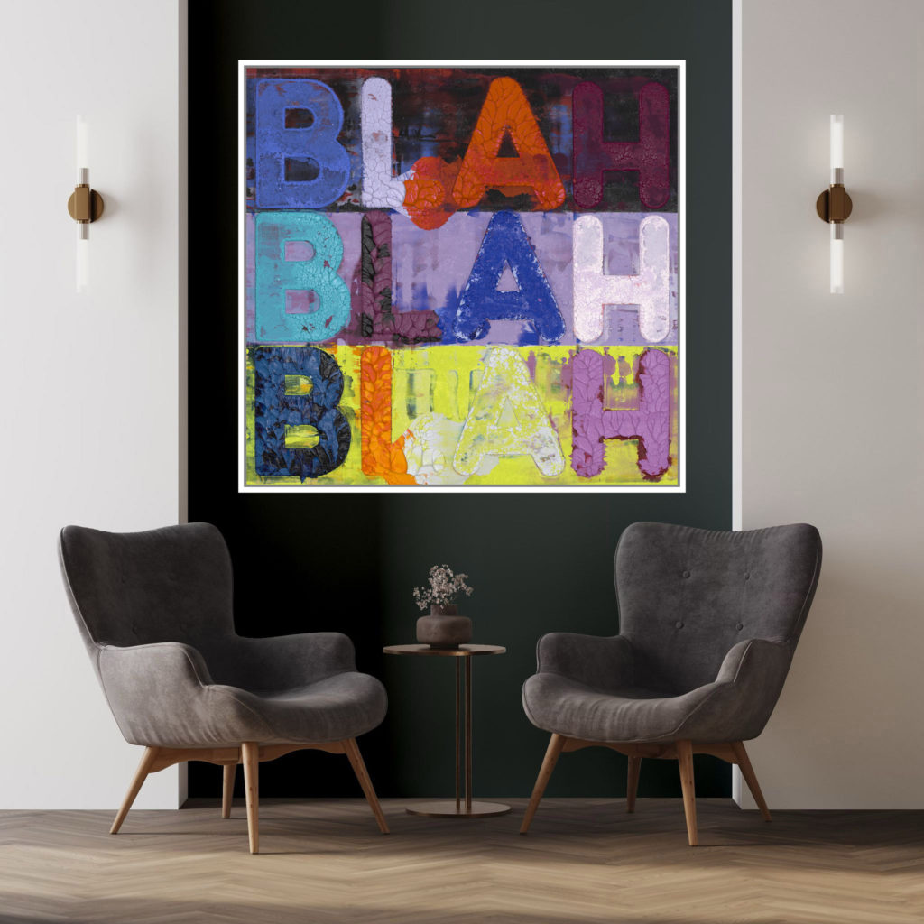 Mel Bochner's "Blah Blah Blah" monoprint in oil with collage, engraving and embossment on handmade paper available from RRFA