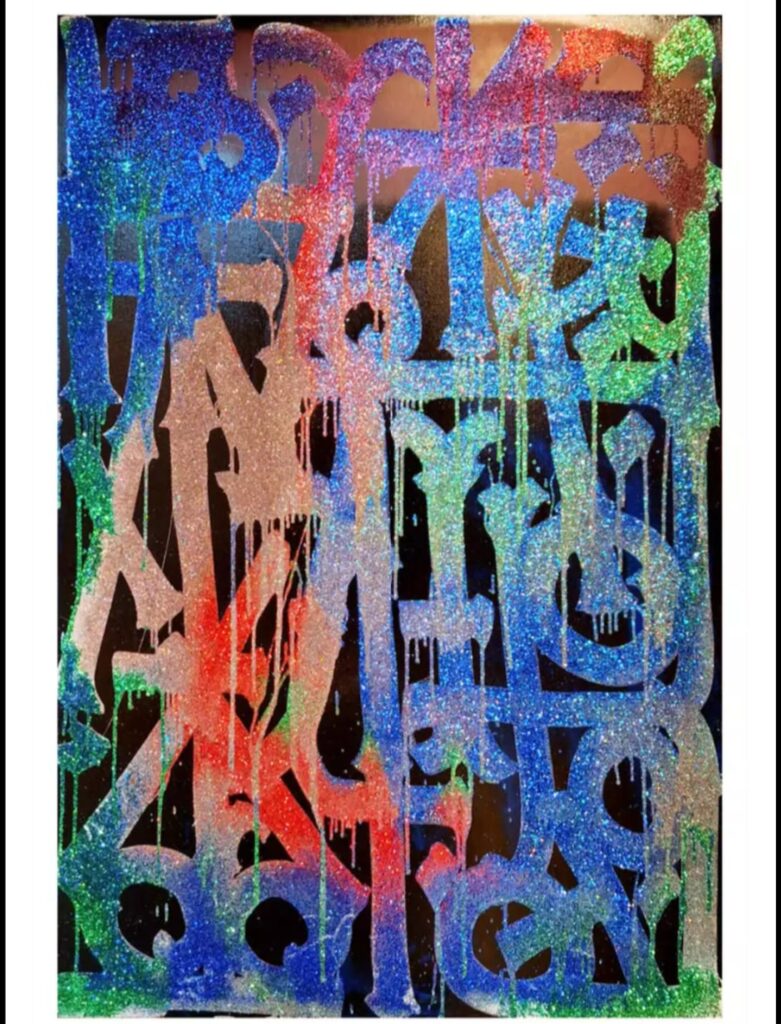 Original RETNA painting with diamond dust, oil, and crystalline texture on canvas, 60 x 40 inches, offered by Robin Rile Fine Art.