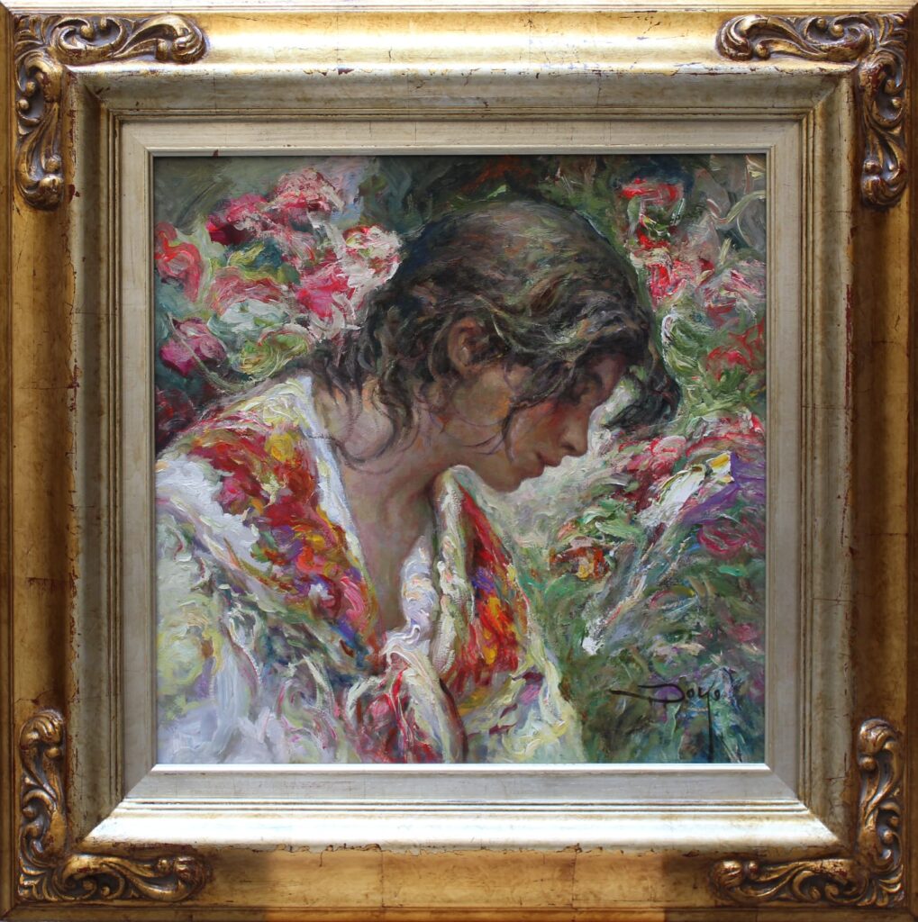 Jose Royo small painting of a girl in profile, framed in gold leaf. 