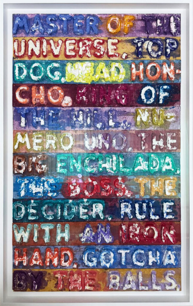 Mel Bochner "Master of the Universe" one-off monoprint on a wall. Available from RRFA
