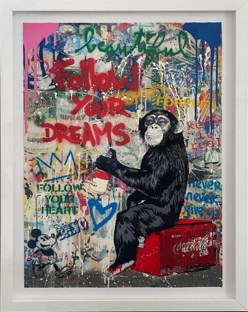 Mr. BRAINWASH- Everyday Life depiction of a chimpanzee painting Follow Your Dreams 36x24- 2022