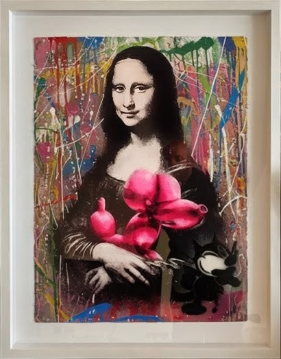 Mr. BRAINWASH- Rescue a depiction of Mona Lisa holding a Jeff Koons Balloon Dog, 30x22- 2020