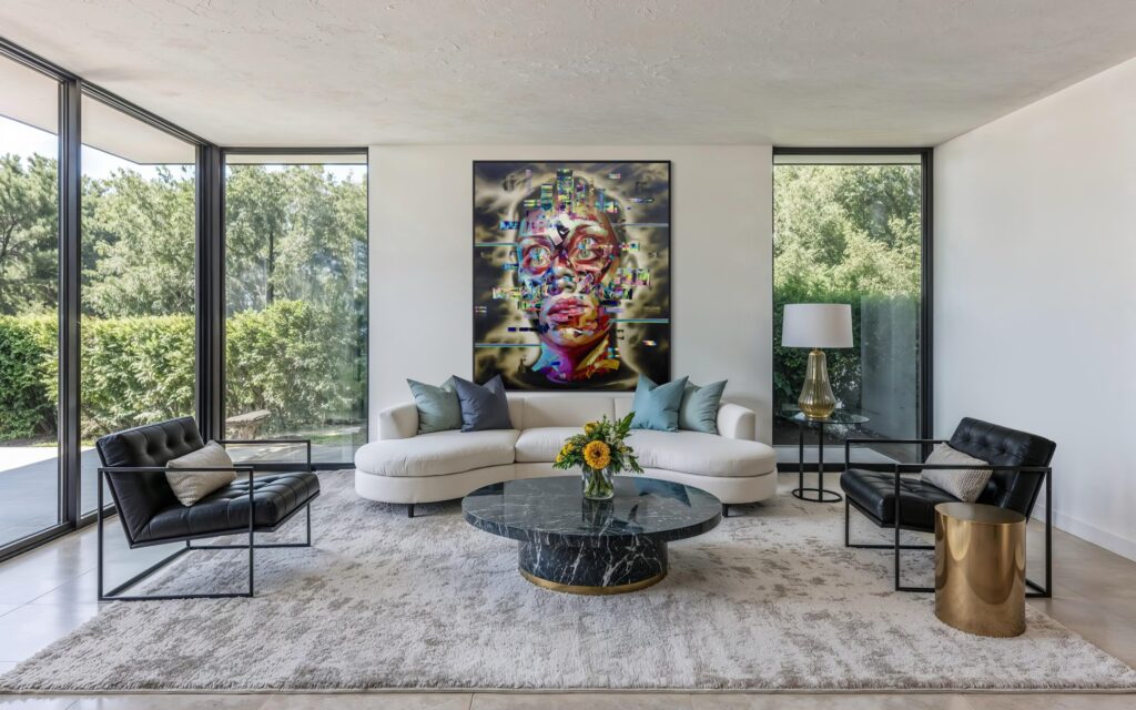 JUSTIN BOWER original painting Fidelity (2017) Mock placement in a modern home